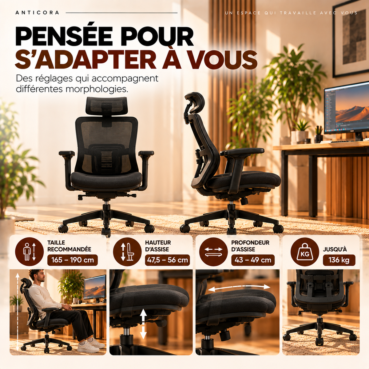 Chaise ergonomique ANTICORA Air, comparaison des positions