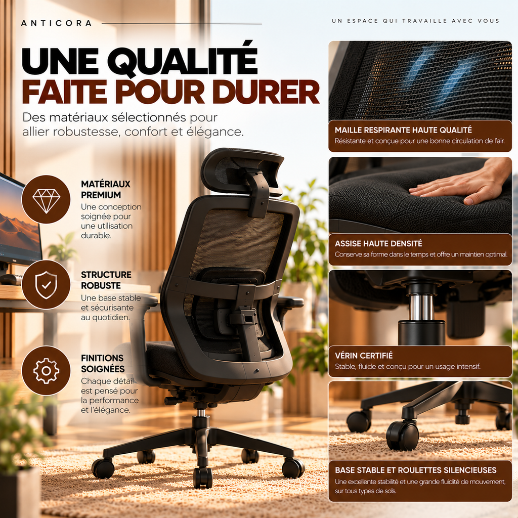 Chaise ergonomique ANTICORA Air, détails de finition