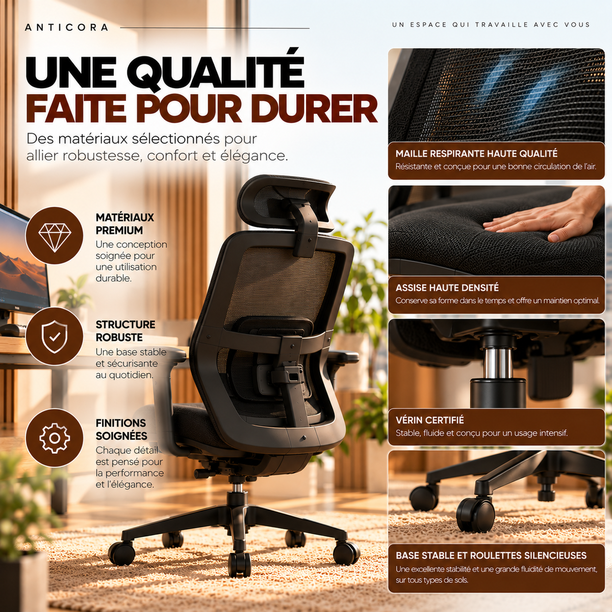 Chaise ergonomique ANTICORA Air, détails de finition