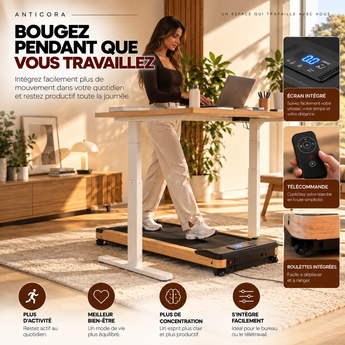 Tapis de marche ANTICORA Move sous bureau