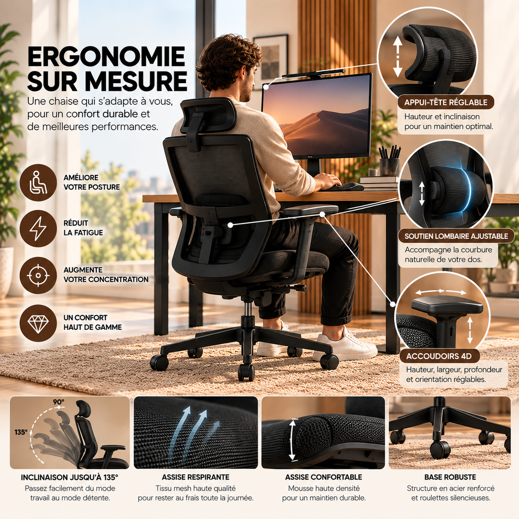 Chaise ergonomique ANTICORA Air, présentation des réglages