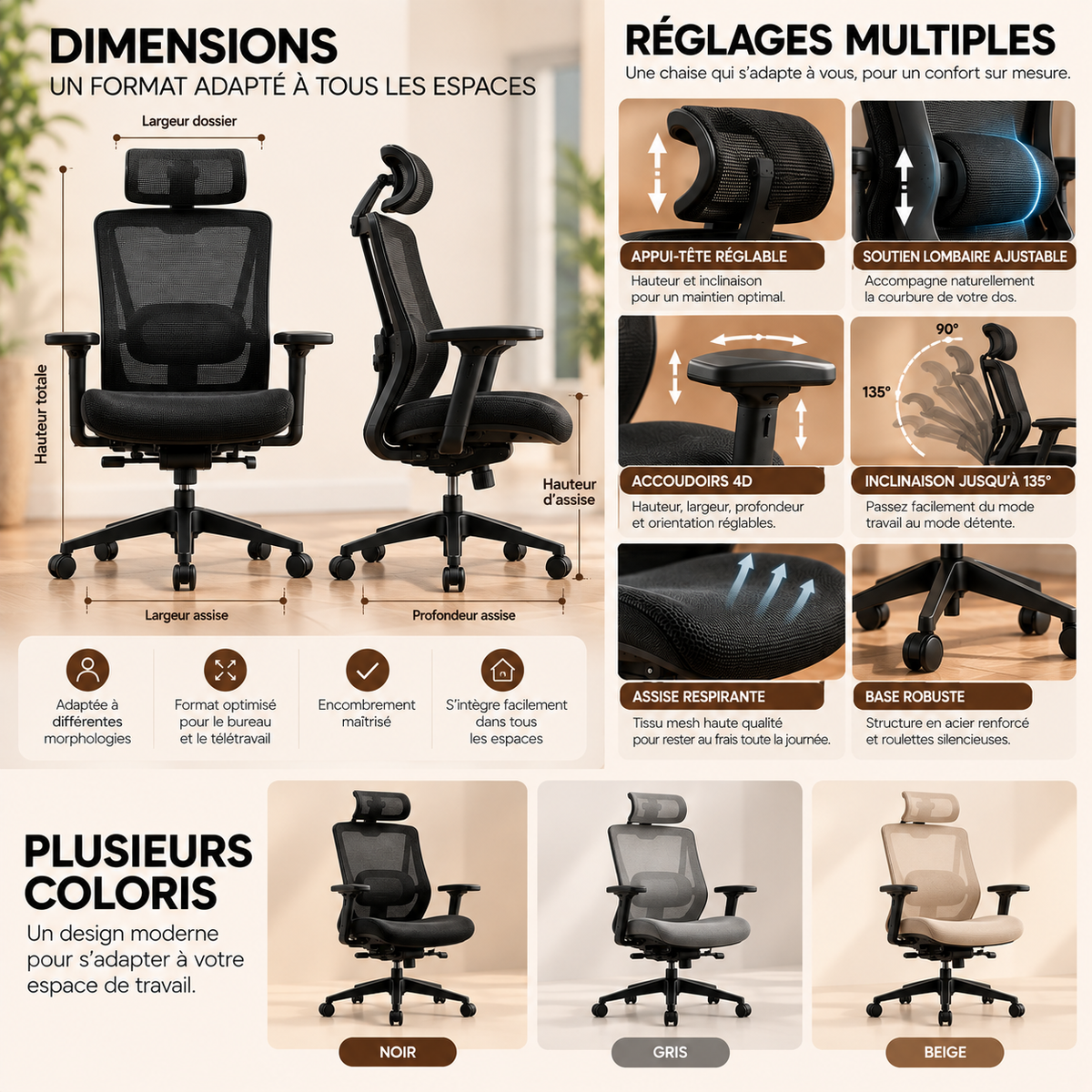 Chaise ergonomique ANTICORA Air, dimensions et réglages