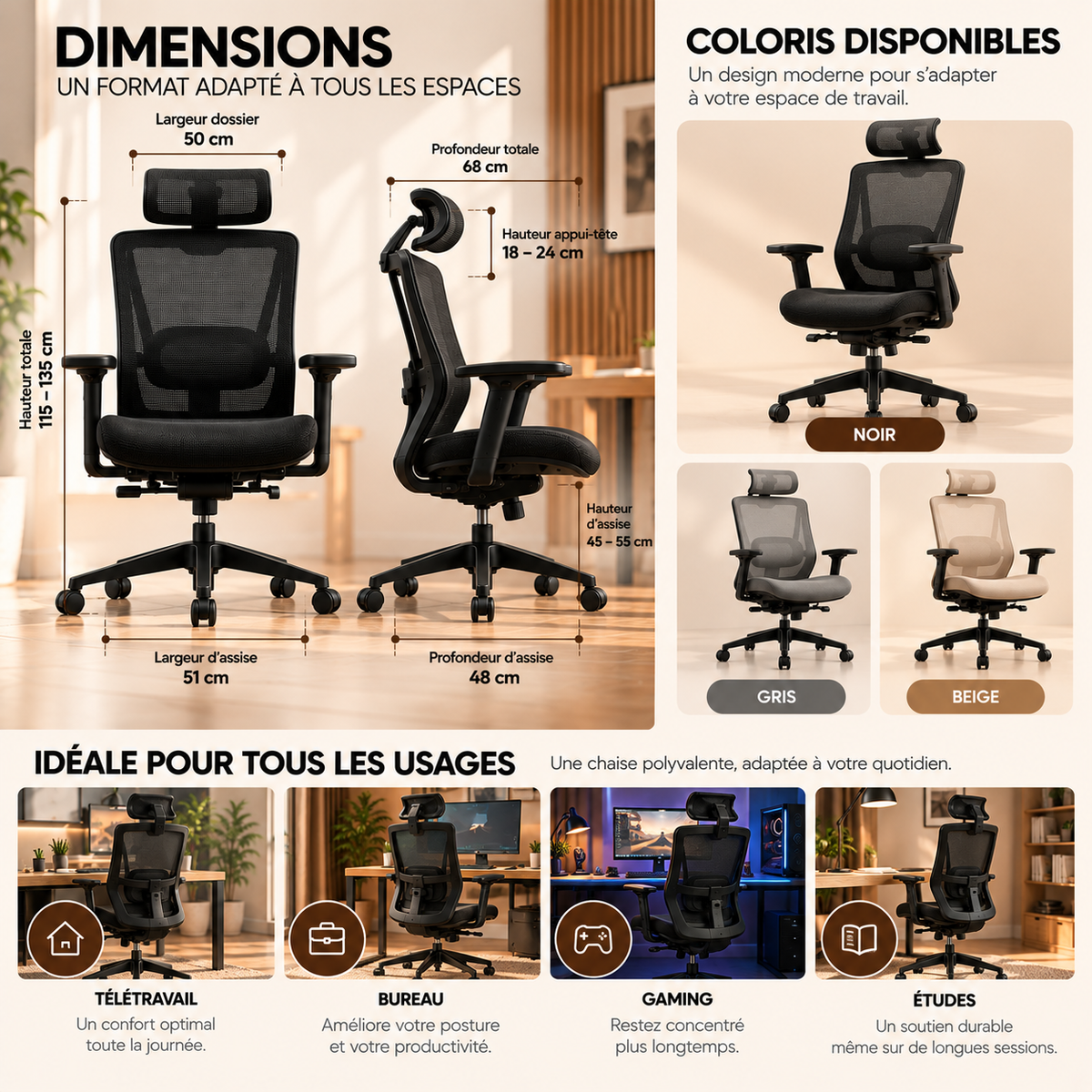 Chaise ergonomique ANTICORA Air, variantes de finition