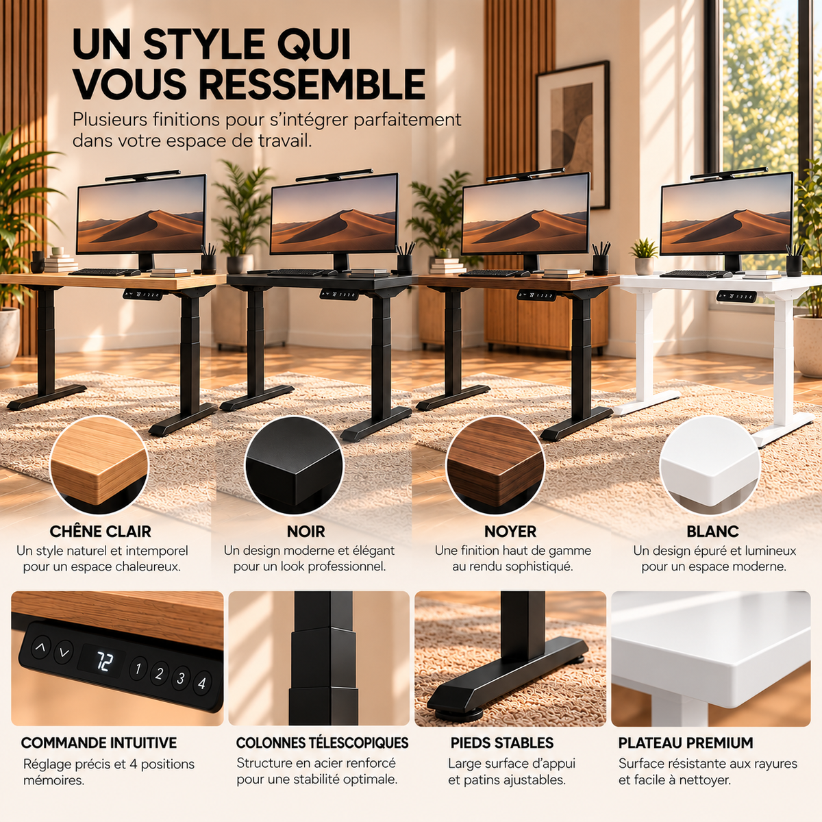 Finitions disponibles du bureau assis-debout ANTICORA Core