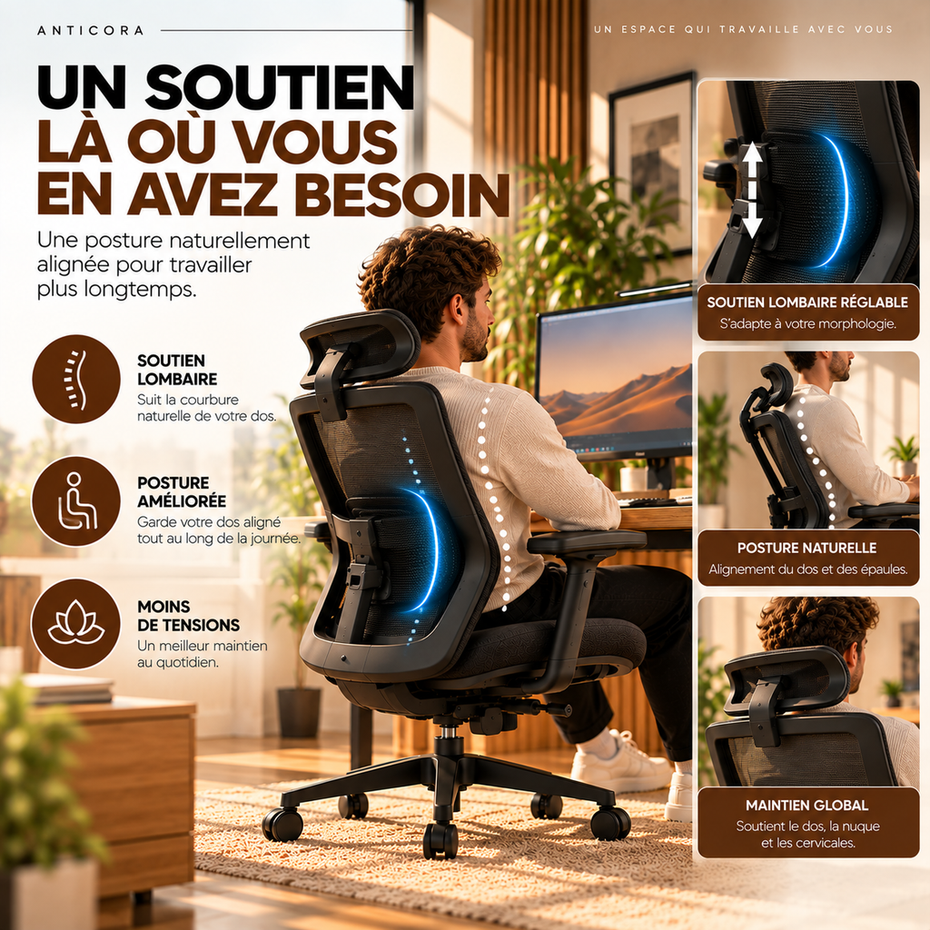 Chaise ergonomique ANTICORA Air, soutien et réglages