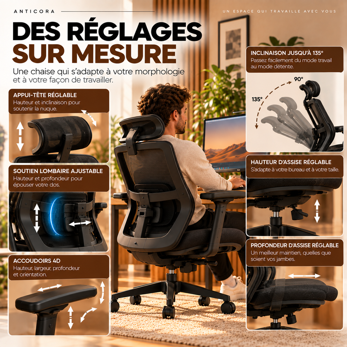 Chaise ergonomique ANTICORA Air, détails de réglage