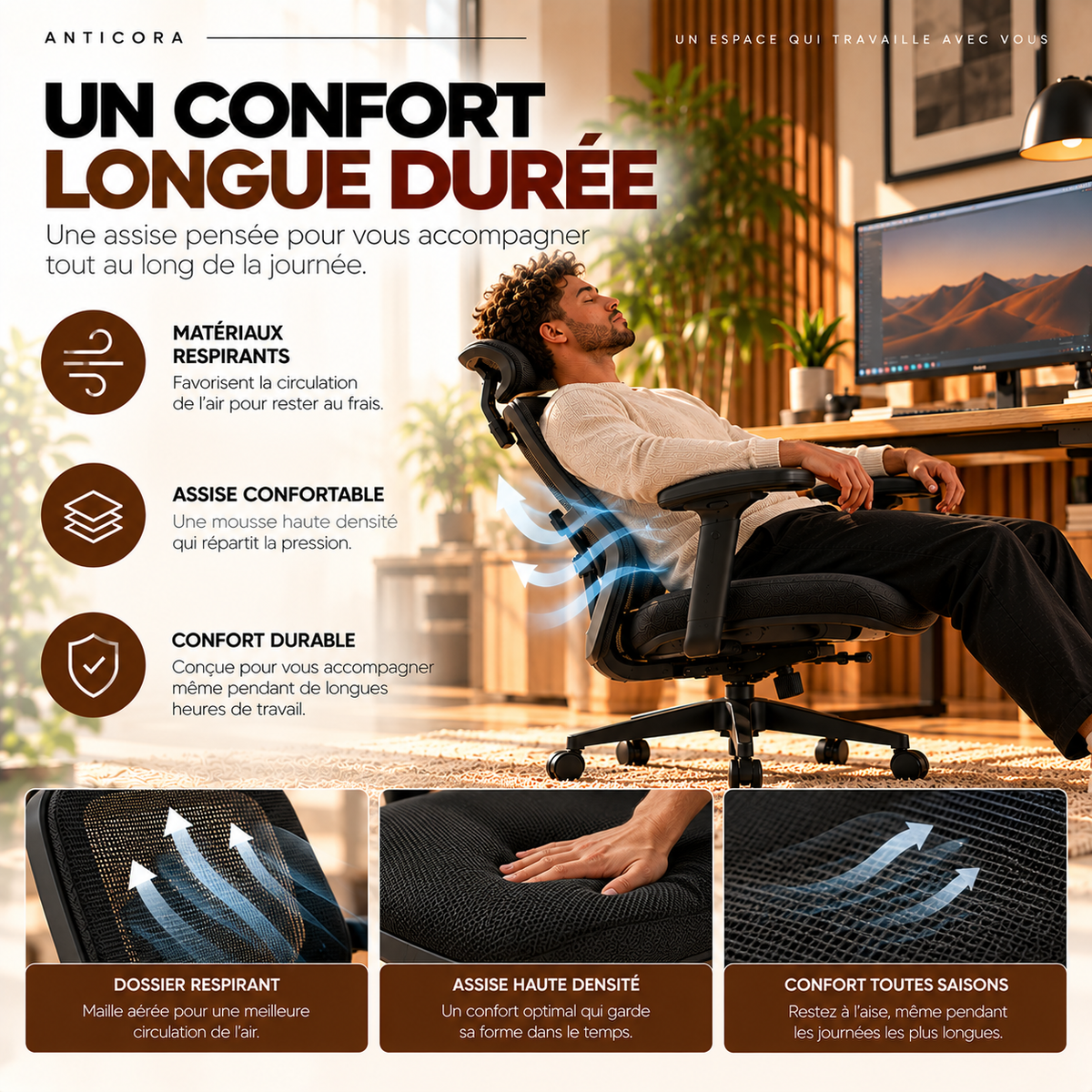 Chaise ergonomique ANTICORA Air, caractéristiques visuelles