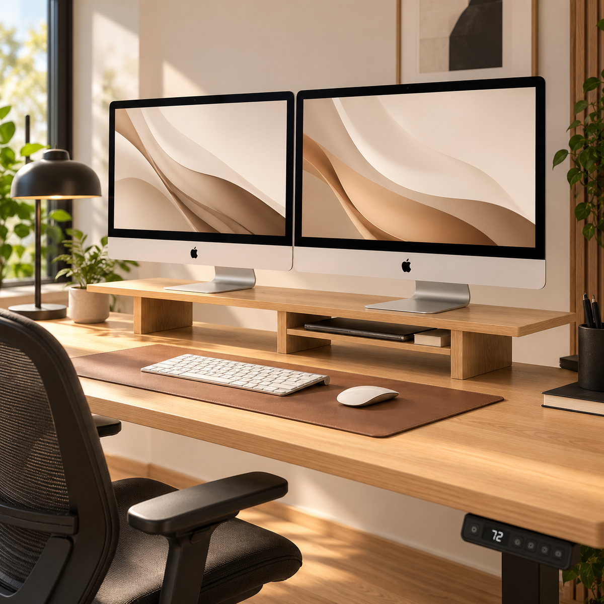 Tablette support d’écran chêne clair installée sur un bureau